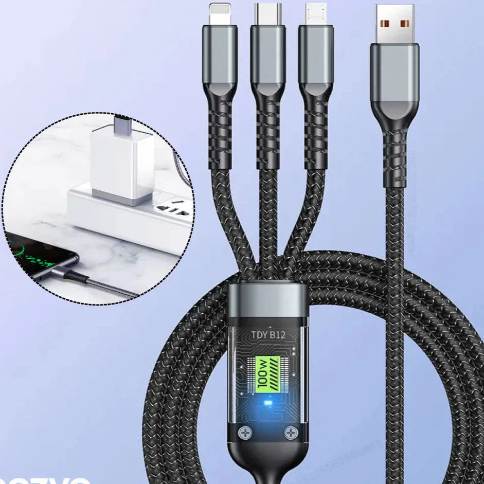 NESTO ⚡ Câble 3-en-1 100W avec Écran LED – Charge Rapide