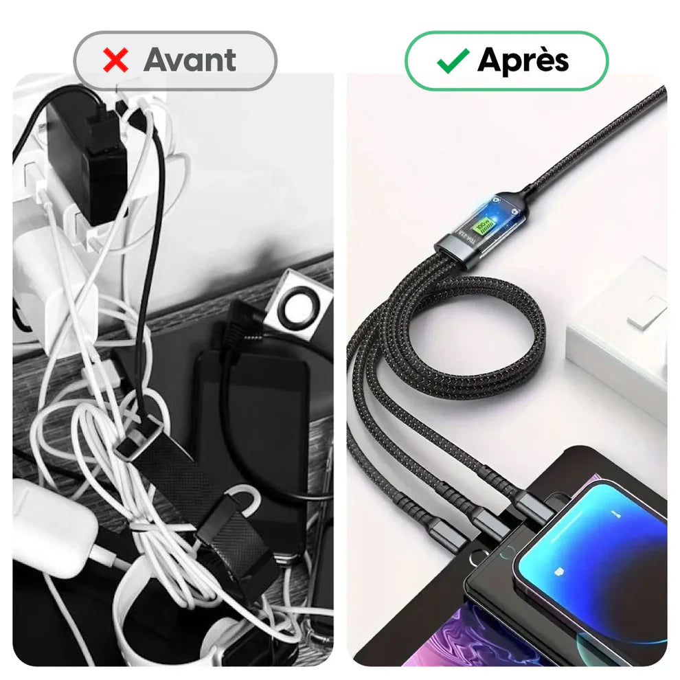 NESTO ⚡ Câble 3-en-1 100W avec Écran LED – Charge Rapide