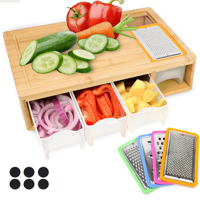 Planche à Découper en Bambou – Moderne & Multifonctionnelle avec Contenants et Râpes