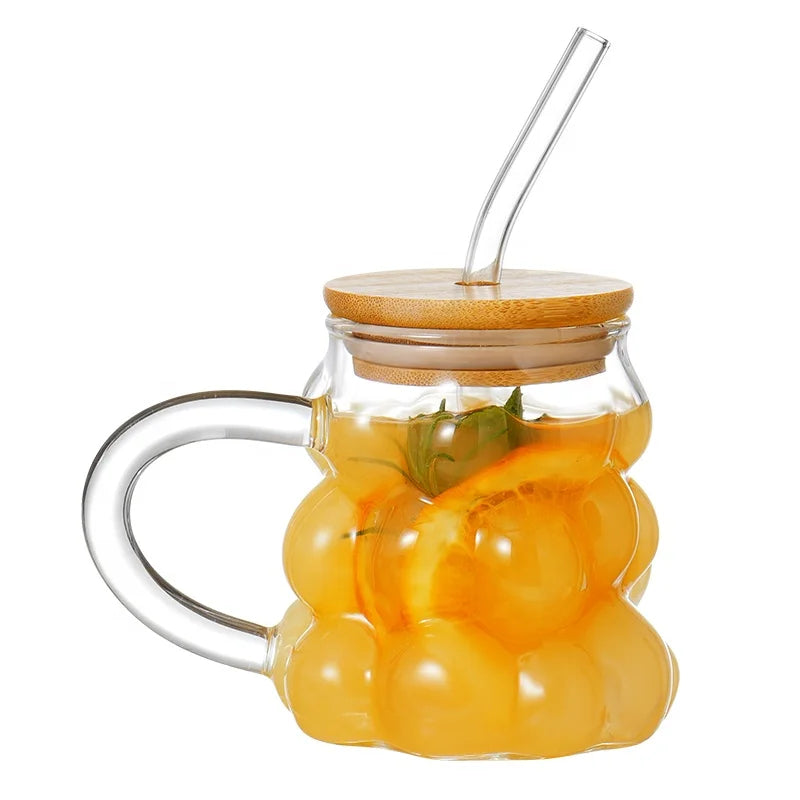 Tasse à café en borosilicate avec couvercle en bambou et paille, personnalisable