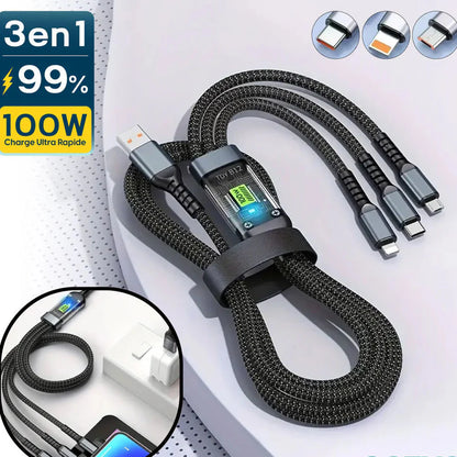 NESTO ⚡ Câble 3-en-1 100W avec Écran LED – Charge Rapide