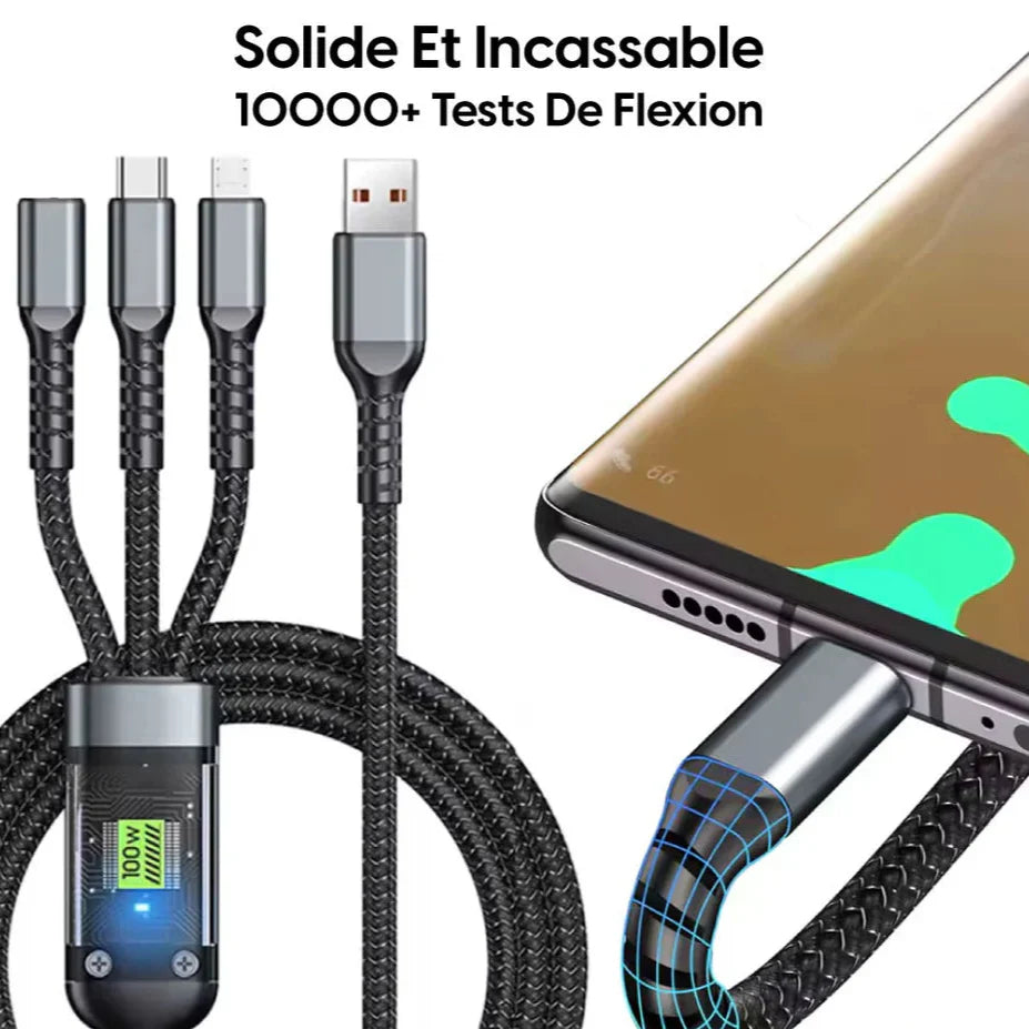 NESTO ⚡ Câble 3-en-1 100W avec Écran LED – Charge Rapide