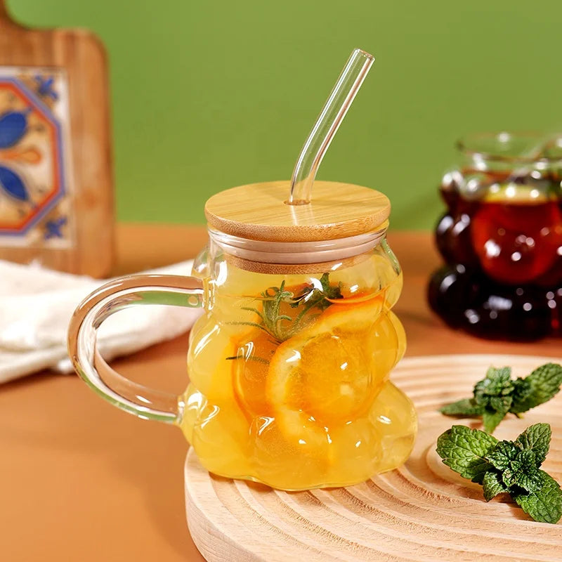 Tasse à café en borosilicate avec couvercle en bambou et paille, personnalisable