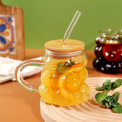 Tasse à café en borosilicate avec couvercle en bambou et paille, personnalisable