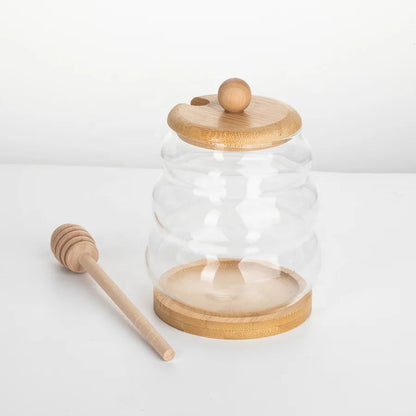 Pot à Miel en Verre Transparent avec Couvercle en Bois – Design Raffiné