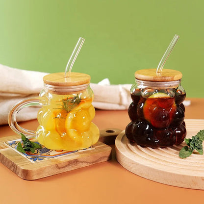 Tasse à café en borosilicate avec couvercle en bambou et paille, personnalisable