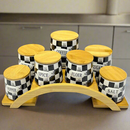 Ensemble de Pots de Rangement en Céramique avec Support en Bois