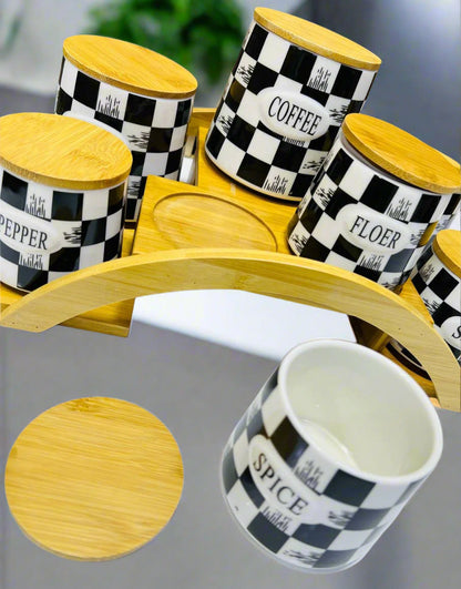 Ensemble de Pots de Rangement en Céramique avec Support en Bois