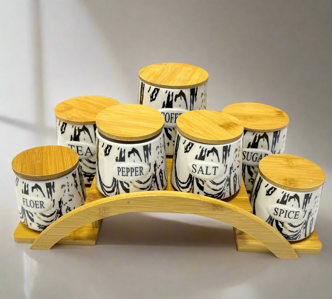 Ensemble de Pots de Rangement en Céramique avec Support en Bois