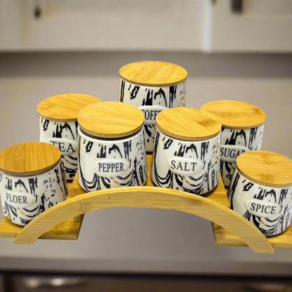 Ensemble de Pots de Rangement en Céramique avec Support en Bois