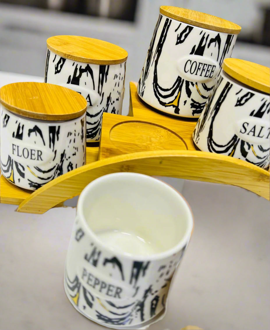 Ensemble de Pots de Rangement en Céramique avec Support en Bois