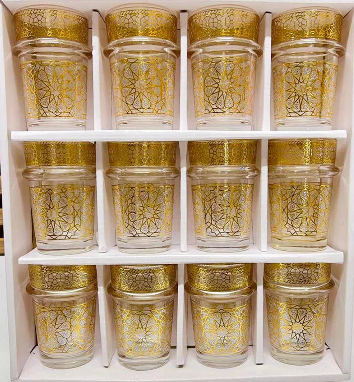 12 verres à thé en verre transparent avec détails dorés élégants