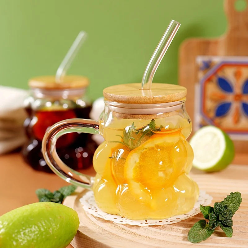 Tasse à café en borosilicate avec couvercle en bambou et paille, personnalisable