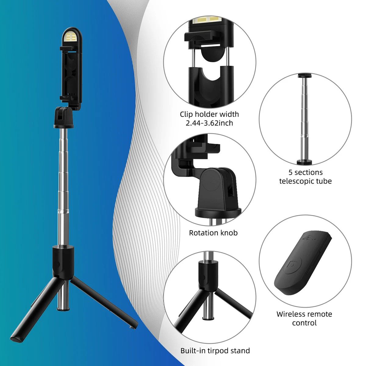 Perche à Selfie pour téléphone portable, avec lumière de remplissage