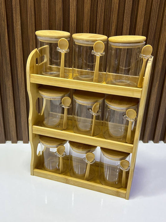 Service à Épices en Verre et Bois – 9 Pièces