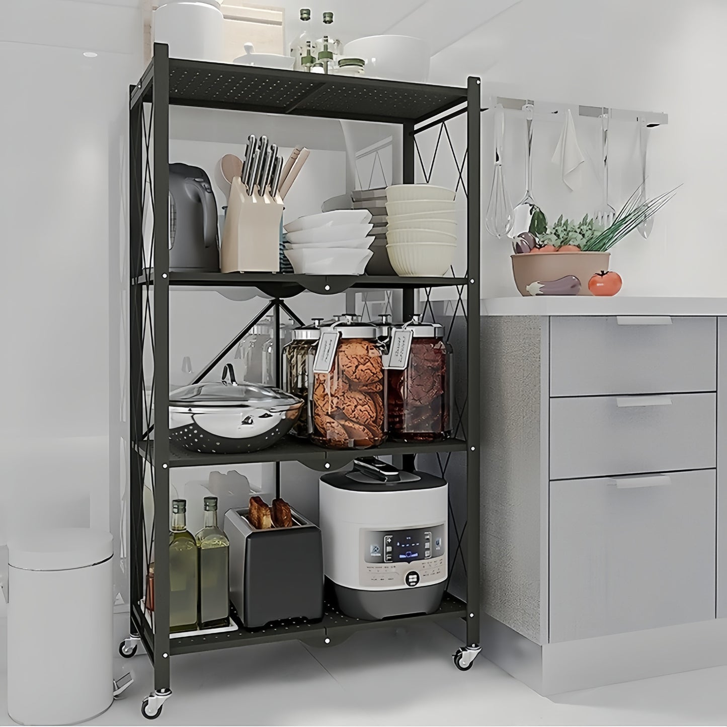 Étagère Pliante en Métal 4 Niveaux avec Roulettes