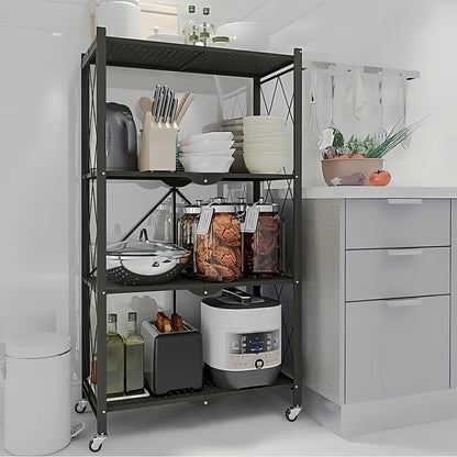 Étagère Pliante en Métal 4 Niveaux avec Roulettes