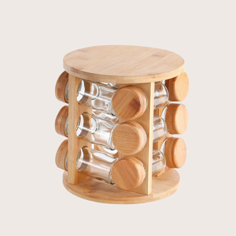 Support d'Assaisonnement Rotatif en Bois de Bambou – Multicouche pour Bouteilles de Cuisine