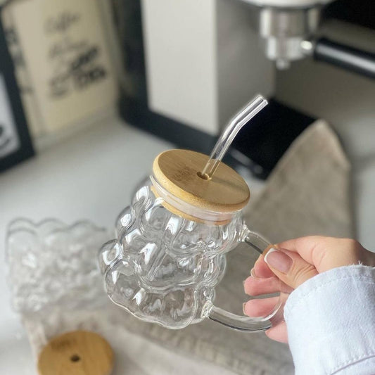 3 Verre avec Couvercle en Bambou et Paille en Verre, 350 ml