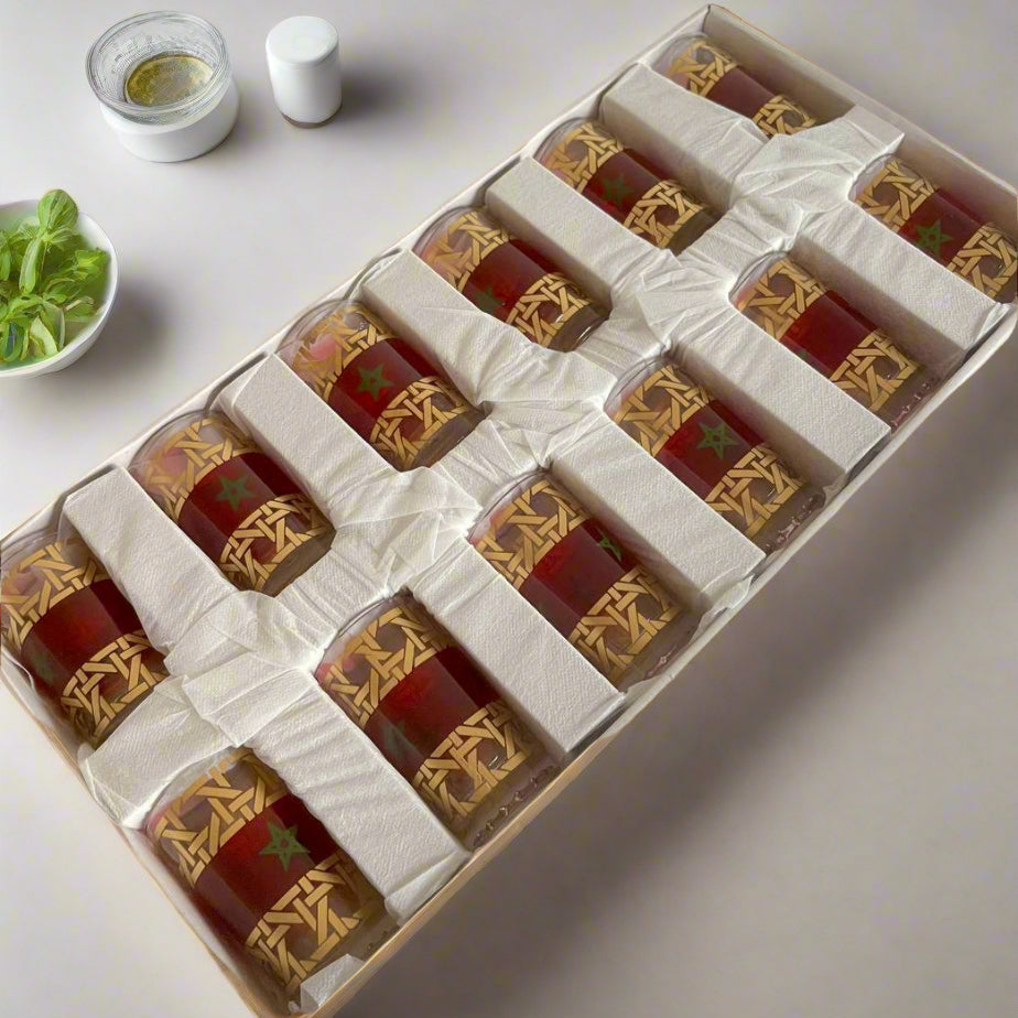 Coffret de 12 Verres à Thé Marocains – Édition Drapeau du Maroc