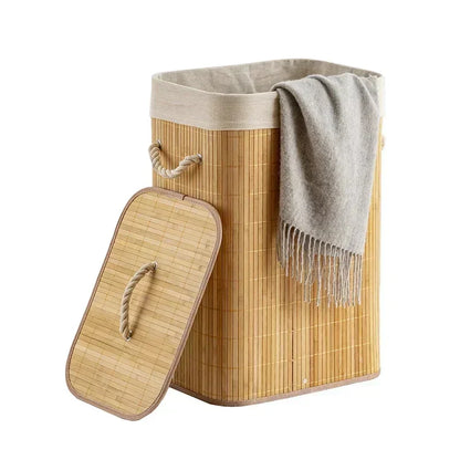 Panier à Linge Rectangulaire Pliable en Bambou avec Couvercle