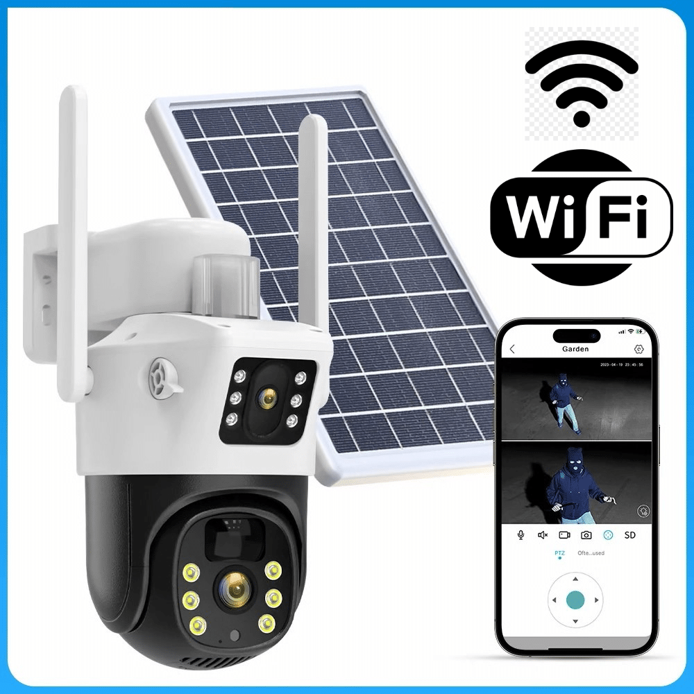 Caméra de Surveillance Solaire 4G Sans Fil – Triple Objectif 6K 12MP | Compatible V380 Pro
