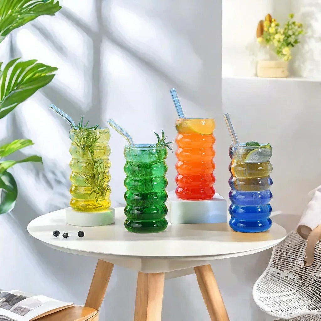 3 Tasse en verre à boisson ondulés avec paille, style vintage