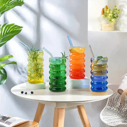 3 Tasse en verre à boisson ondulés avec paille, style vintage
