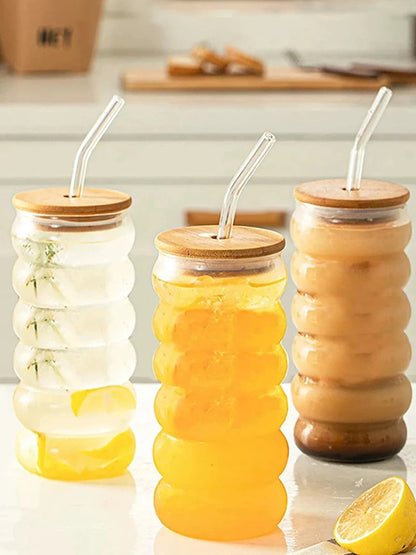 3 Tasse en verre à boisson ondulés avec paille, style vintage