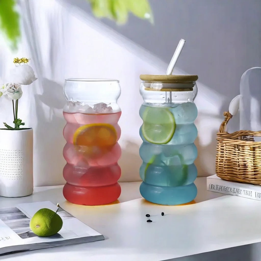 3 Tasse en verre à boisson ondulés avec paille, style vintage