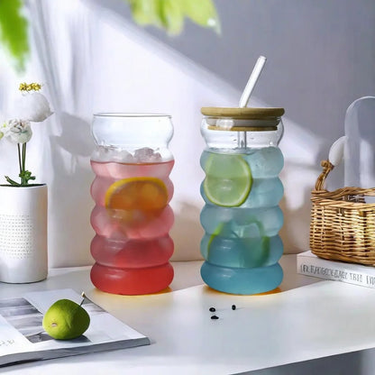 3 Tasse en verre à boisson ondulés avec paille, style vintage
