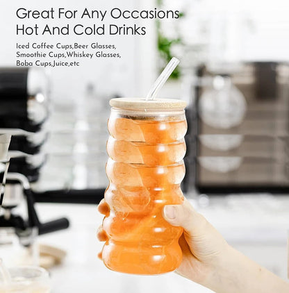 3 Tasse en verre à boisson ondulés avec paille, style vintage