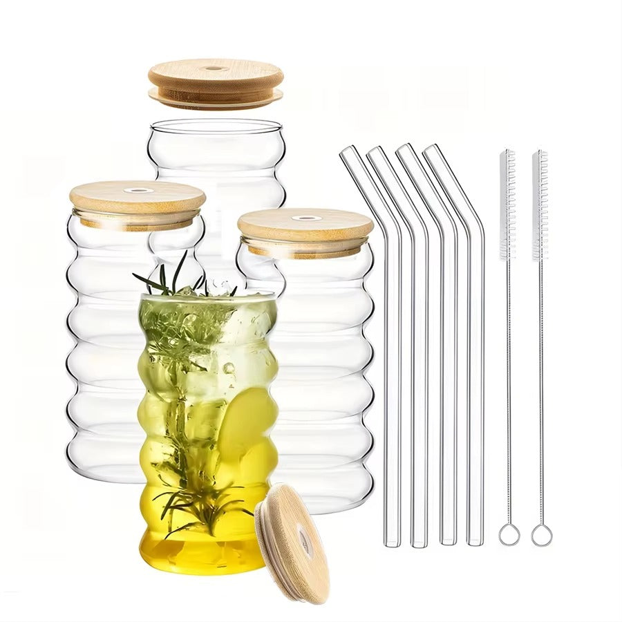 3 Tasse en verre à boisson ondulés avec paille, style vintage