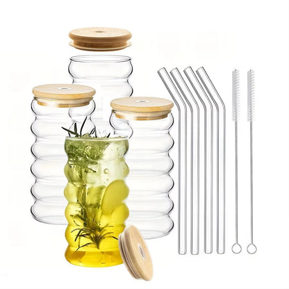 3 Tasse en verre à boisson ondulés avec paille, style vintage